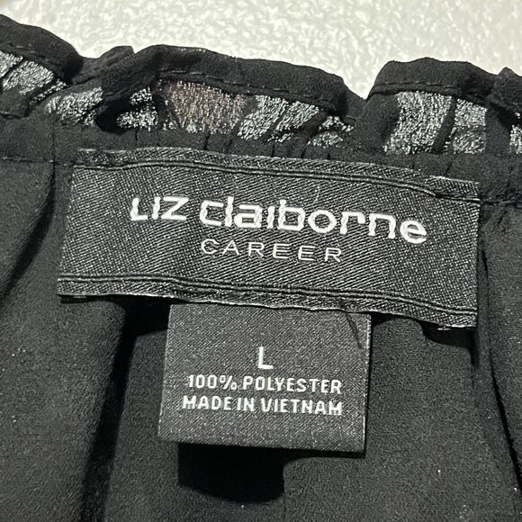 Liz Claiborne Womens Ruffle Blouse L Black Dark Floral Romantic Corporate Goth - Picture 6 of 8
